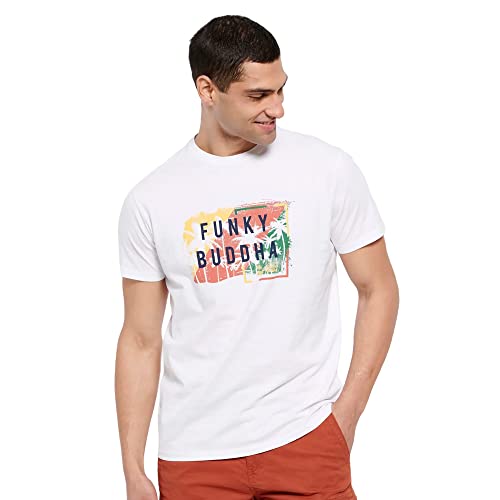 FUNKY BUDDHA Herren T-Shirt aus Bio-Baumwolle mit gebürstetem Aufdruck, weiß, XL von FUNKY BUDDHA
