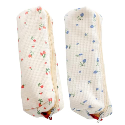 FUNNETOYU 2 Stück Teiliges Federmäppchen mit Floralem Muster Großer Kapazität Robustem Reißverschluss Vielseitig als Stifte und Kosmetiktasche für Schule und Alltag in Blau von FUNNETOYU