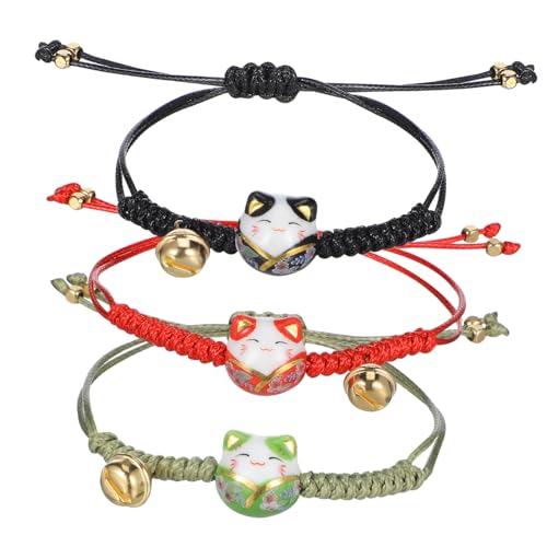 FUNNETOYU 3 Teiliges Verstellbares Katzenarmband Maneki Neko mit Glöckchen Japanisches Glücksarmband in Rot Grün und Schwarz Handgefertigtes Damen Armband für Freundschaft und von FUNNETOYU