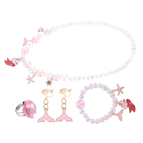 FUNNETOYU 4 Stück Schmuckset Teilig mit Meerjungfrau Anhänger Perlenkette Ring Ohrringen und Armband Süßes Cartoon Design Buntes Beaded Jewelries für Mädchen für Fotos und Partys von FUNNETOYU