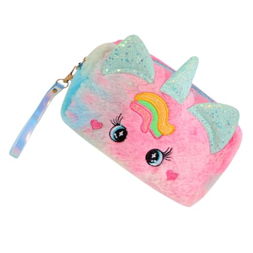 FUNNETOYU Plüsch Kosmetiktasche Einhorn Reise Make up Organizer Tragbare Kulturbeutel Handtasche Leicht und Praktisch für Damen Mädchen Blau von FUNNETOYU