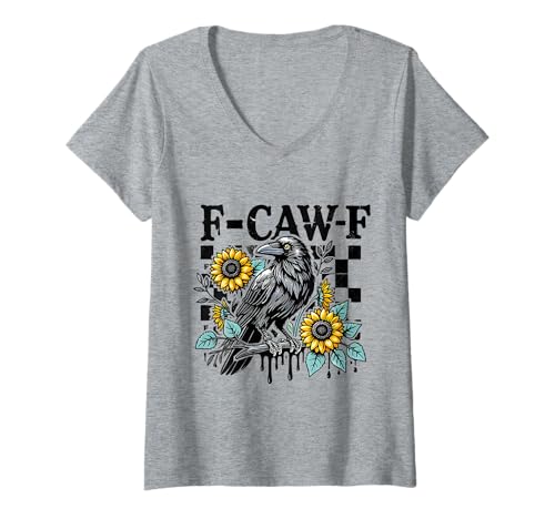 Damen F-Caw-F Sonnenblumen mit Vogelmotiv, kariert T-Shirt mit V-Ausschnitt Damen F-Caw-F Sonnenblumen mit Vogelmotiv, kariert T-Shirt mit V-Ausschnitt von FUNNY TEES CO