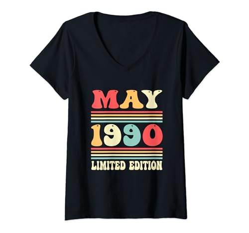Damen 34. Geburtstag Vintage Mai 1990 Dekor 34 Jahre alt Frauen Männer T-Shirt mit V-Ausschnitt von FUNNYEXPRESS