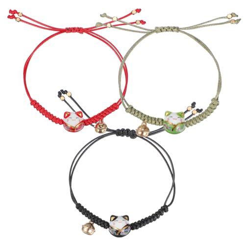 FUNOMOCYA 3 Teiliges Maneki Neko Armband Verstellbare Seilarmbänder mit Glückskatze und Glöckchen Leichtes Japanisches Glücksbringer Schmuckstück für Damen Minimalistisches Design von FUNOMOCYA