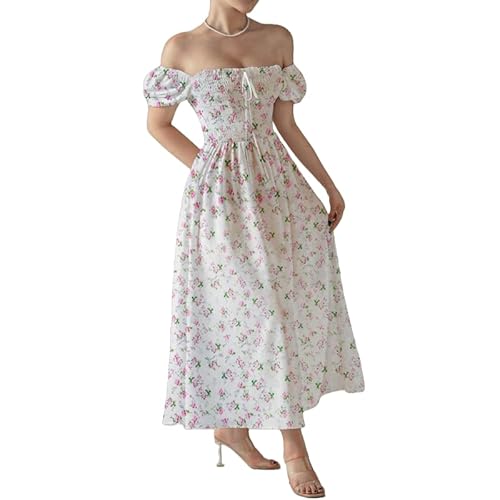 FUNSEED Frühling Sommer Damen Kleider Elegant Floral Boho Square Neck Lange Kleider, Pink, Klein von FUNSEED