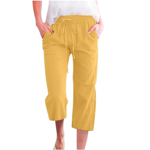 3/4 Sommerhosen Damen Leicht Luftig Caprihose Damen Mit Taschen Stoffhose Damen Weite Dreiviertel Freizeithose Schlupfhose Mit Drawstring Gürtel Musselin Hose Damen Mit Gummizug Palazzo Hose Damen von FUPODD