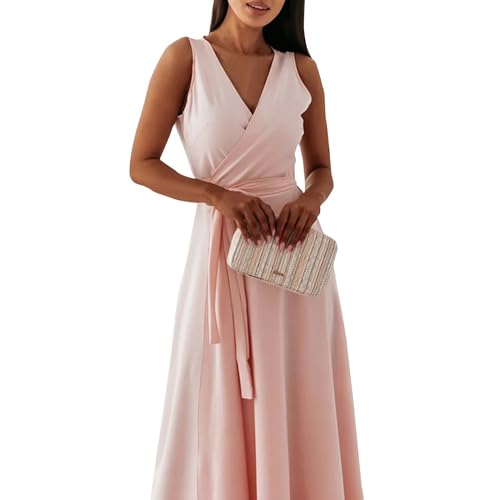 Abendkleid Damen Elegant Lang Sommerkleid V Ausschnitt Kleider Für Hochzeitsgäste Maxi Cocktailkleid Wickel Kleid Ärmellos Partykleid A Linie Wickelkleid Frauen Einfarbig Ballkleid mit Gürtel von FUPODD