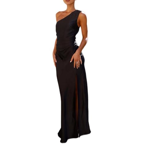 Abendkleid Damen Lang Mit Schlitz Cocktailkleid One Shoulder Kleid Satin Festliche Kleider Hochzeit Maxi Abendkleider Elegant Maxikleid Festlich Ballkleid Frauen Hochzeitsgast Abschlusskleid von FUPODD