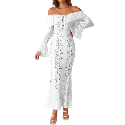 Abendkleid Damen Lang Schulterfrei Spitzenkleid Weiß Cocktailkleid Trompetenärmel Abendkleider Elegant Kleid Mit Spitze Hochzeitsgast Partykleid Weisses Ballkleid Meerjungfrau Kleider Frauen von FUPODD