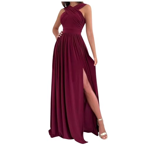 Abendkleid Damen Mit Schlitz Partykleid Frauen Ärmellos Neckholder Maxi Abendkleider Elegant Hochzeit Festliche Cocktailkleid Lang Mode Kleid Rückenfrei Kleider Einfarbig Ballkleid Schwingen von FUPODD