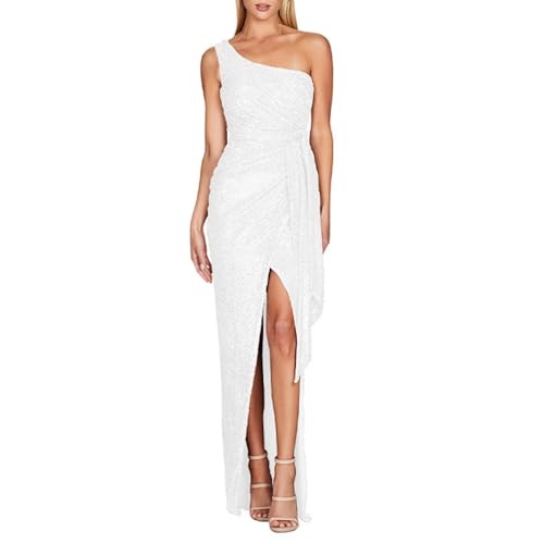Abendkleider Damen Lang Pailletten Kleider Festlich Elegant Hochzeit Cocktailkleid Glitzer Curvy mit Schlitz Ballkleider Frauen Lange One Shoulder Party Abendkleid Eng Sommerkleid mit Gürtel von FUPODD