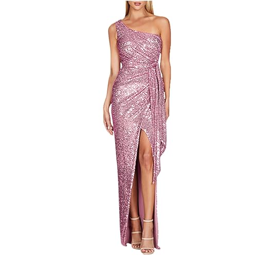 Abendkleider Damen Lang Pailletten Kleider Festlich Elegant Hochzeit Cocktailkleid Glitzer Curvy mit Schlitz Ballkleider Frauen Lange One Shoulder Party Abendkleid Eng Sommerkleid mit Gürtel von FUPODD