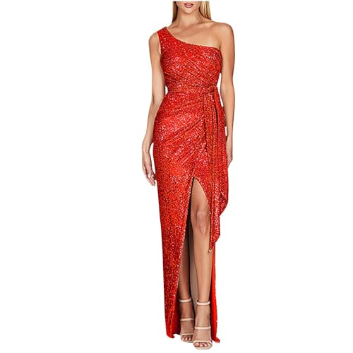 Abendkleider Damen Lang Pailletten Kleider Festlich Elegant Hochzeit Cocktailkleid Glitzer Curvy mit Schlitz Ballkleider Frauen Lange One Shoulder Party Abendkleid Eng Sommerkleid mit Gürtel von FUPODD