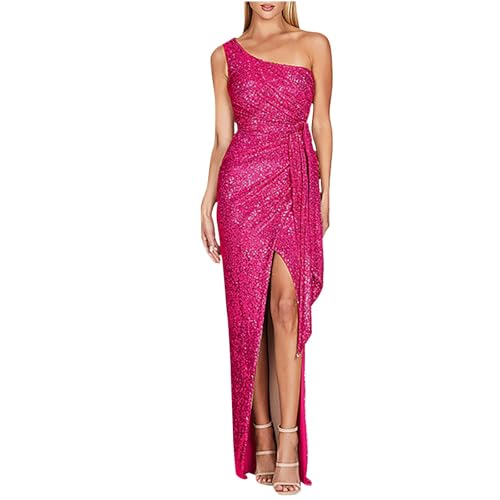 Abendkleider Damen Lang Pailletten Kleider Festlich Elegant Hochzeit Cocktailkleid Glitzer Curvy mit Schlitz Ballkleider Frauen Lange One Shoulder Party Abendkleid Eng Sommerkleid mit Gürtel von FUPODD