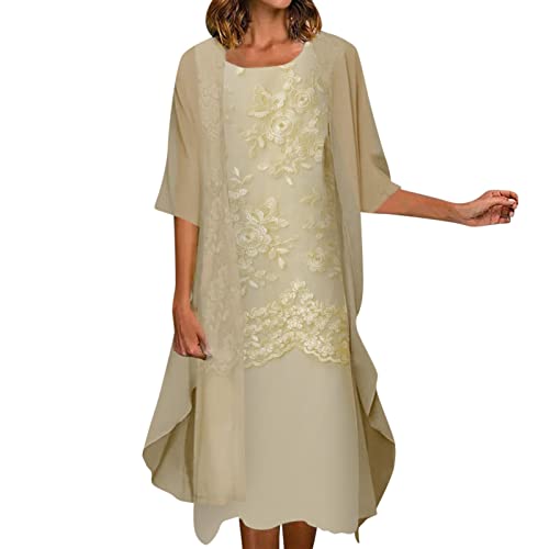 Abendkleider Elegant Für Hochzeit Chiffonkleid Damen Festlich Midi Zweiteiler Spitzenkleid Lochstickerei Kleid Frauen Bestickt Kleider Hochzeitsgast Abendkleid Chiffon Cardigan Cocktailkleid von FUPODD