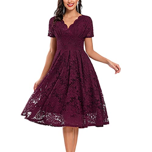Abendkleider Elegant Für Hochzeit Damen Knielang Vokuhila Kleid Frauen Mit Ärmeln V Ausschnitt Cocktailkleid A Linie Spitze Ballkleid Festlich Abendkleid Bordeaux Partykleid Sommerkleid von FUPODD