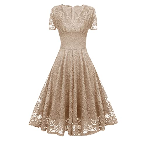 Abendkleider Elegant Für Hochzeit Damen Knielang Vokuhila Kleid Frauen Mit Ärmeln V Ausschnitt Cocktailkleid A Linie Spitze Ballkleid Festlich Abendkleid Bordeaux Partykleid Sommerkleid von FUPODD