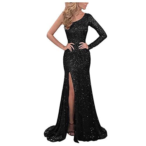 Abendkleider Elegant Für Hochzeit Glitzer Maxikleid Damen Elegant Eng Pailletten Cocktailkleid One Shoulder Ballkleid Lang Mit Schlitz Abendkleid Frauen Curvy Kleid Party Kleider Bodenlang von FUPODD