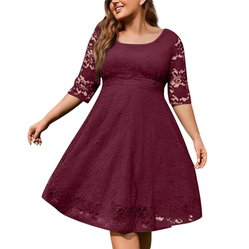 Abendkleider Elegant Für Hochzeit Große Größen Spitzenkleid Midi Cocktailkleid Damen Hochzeitsgast Kleid A-Linie Brautmutterkleider Frauen Festlich Abendkleid Lochstickerei Sommerkleid Party von FUPODD