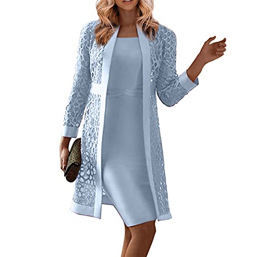 Abendkleider Für Hochzeit Knielang Mit Jacke 2 Teilig Brautmutterkleider Frauen Elegant Für Hochzeitsgast Lang Zweiteiler Festliche Damen Outfit Ink. Kleid Ärmellos Und Mantel Langarm Cut Out von FUPODD