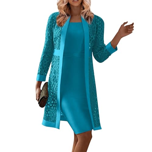 Abendkleider Für Hochzeit Knielang Mit Jacke 2 Teilig Brautmutterkleider Frauen Elegant Für Hochzeitsgast Lang Zweiteiler Festliche Damen Outfit Ink. Kleid Ärmellos Und Mantel Langarm Cut Out von FUPODD