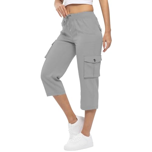 Arbeitshose Mit Vielen Taschen Caprihose Damen Baggy Cargohose Damen Mit Gummizug Jogginghose Sporthose Damen 3/4 Stoffhose Wanderhose Damen Dreiviertel Hose Lässige 7/8 Sommerhosen Leicht Luftig von FUPODD
