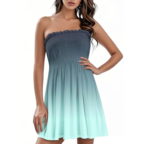 Bandeau Kleid Damen Sommer Kurz Elegant Sommerkleid Damen Mini A Linie Strandkleid Plissee Gesmoktes Kleider Rückenfrei Sommerkleider Frauen Leicht Und Luftig Lässig Minikleid Farbverlauf von FUPODD