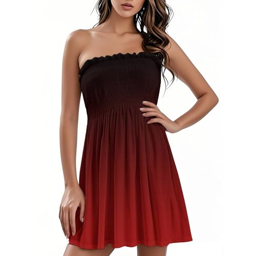 Bandeau Kleid Damen Sommer Kurz Elegant Sommerkleid Damen Mini A Linie Strandkleid Plissee Gesmoktes Kleider Rückenfrei Sommerkleider Frauen Leicht Und Luftig Lässig Minikleid Farbverlauf von FUPODD