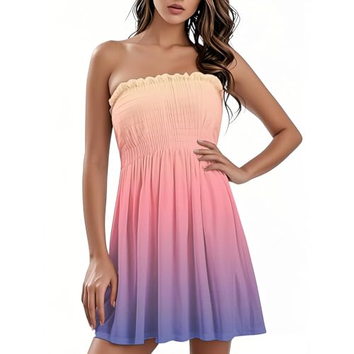 Bandeau Kleid Damen Sommer Kurz Elegant Sommerkleid Damen Mini A Linie Strandkleid Plissee Gesmoktes Kleider Rückenfrei Sommerkleider Frauen Leicht Und Luftig Lässig Minikleid Farbverlauf von FUPODD