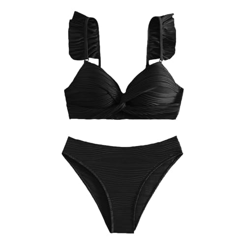 Bikini Damen Set Bauch Weg High Waist Badeanzug Damen Bauchweg 2 Teiler Mit Rüschen Bademode Überkreuzte Träger Triangel Bikini-Sets Push Up Zweiteilig Rückenfrei Bikinis Frauen High Cut von FUPODD