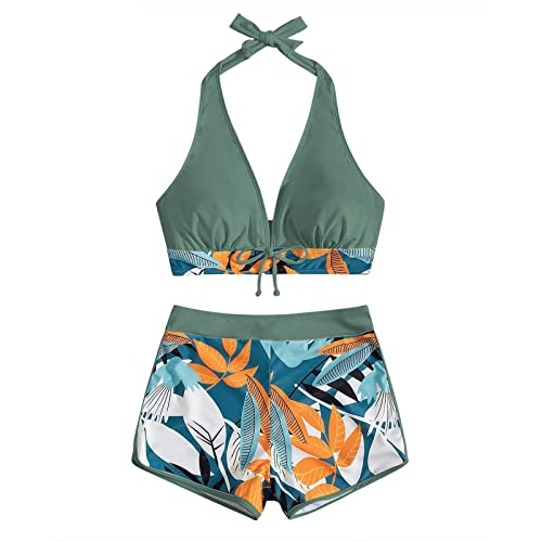 Bikini Damen Set Bauch Weg Mit Shorts Badeanzug Damen Bauchweg Push Up Neckholder Zum Binden Swimsuits V Ausschnitt Rückenfrei Bikinis Frauen Patchwork Blumen Bademode Mit Bein High Waist von FUPODD