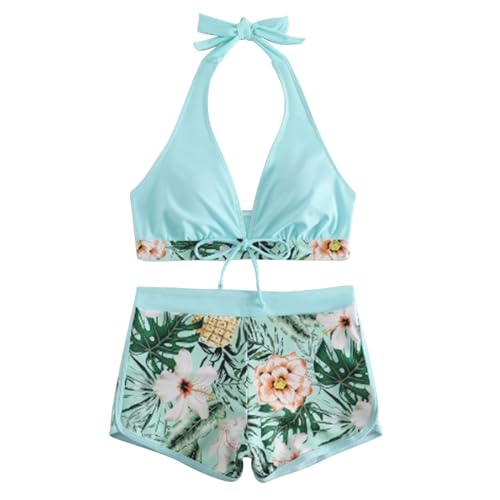 Bikini Damen Set Bauch Weg Mit Shorts Badeanzug Damen Bauchweg Push Up Neckholder Zum Binden Swimsuits V Ausschnitt Rückenfrei Bikinis Frauen Patchwork Blumen Bademode Mit Bein High Waist von FUPODD