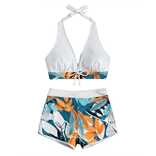 Bikini Damen Set Bauch Weg Mit Shorts Badeanzug Damen Bauchweg Push Up Neckholder Zum Binden Swimsuits V Ausschnitt Rückenfrei Bikinis Frauen Patchwork Blumen Bademode Mit Bein High Waist von FUPODD