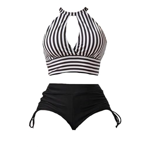 Bikini Damen Set Neckholder Bauch Weg Badeanzug Damen Bauchweg Gestreift 2 Teilig High Waist Bademode Frauen Bikini-Sets Push Up Badeanzüge Cut Out Bikinis Zweiteilig Zum Binden Strand von FUPODD