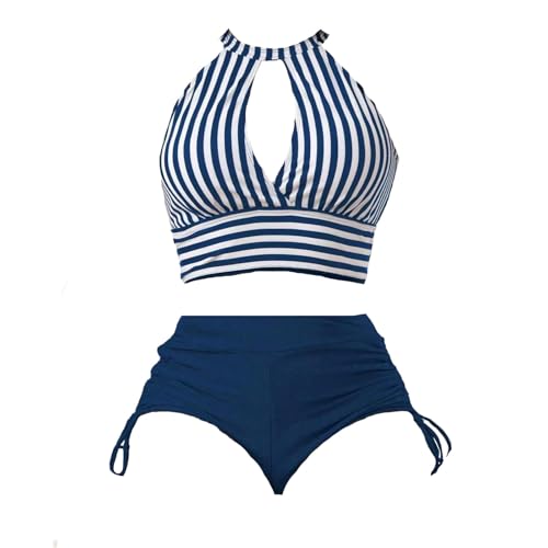 Bikini Damen Set Neckholder Bauch Weg Badeanzug Damen Bauchweg Gestreift 2 Teilig High Waist Bademode Frauen Bikini-Sets Push Up Badeanzüge Cut Out Bikinis Zweiteilig Zum Binden Strand von FUPODD