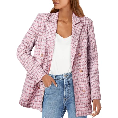 Blazer Damen Business Tweed Jacke Frauen Revers Jacken Kariert Anzug Mantel Elegant Zweireihiger Jacket Dressy Casual Wollmantel Winter Frühling Sakko Outfits Arbeit Büro Strickjacke Langarm von FUPODD