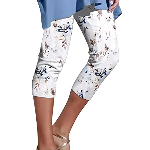 Blumen Leichte Hose Damen Elegant 3/4 Caprihose Damen Sommer Stretch Schmales Bein Sommerhosen Damen Kurz Freizeithose mit Gummibund Chino Hose Damen Slim Fit von FUPODD