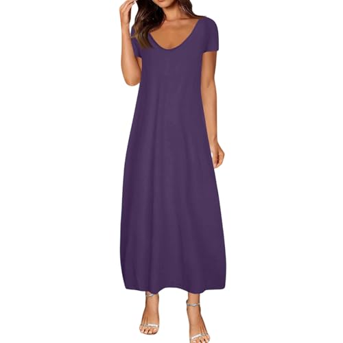 Blusenkleid Damen Lang Sommer Kurzarm Sommerkleid A Linie Tunika Kleid Mit Taschen Maxikleider Elegant Kleider Maxi Einfarbig Sommerkleider Leicht Und Luftig Shirtkleid Frauen V Ausschnitt von FUPODD