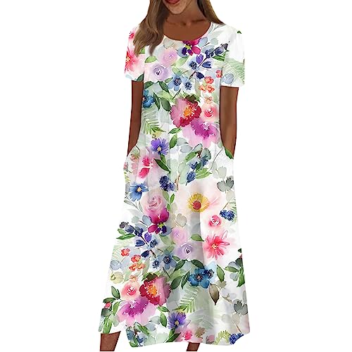 Boho Kleid Damen Blumenkleid Maxikleider Damen Sommer A-Linien Sommerkleider Große Größen Bohemian Damenkleider Hawaii Ibiza-Kleid Maxi Sommerkleid Mit Taschen Kleider Rundhals Kurzarm von FUPODD