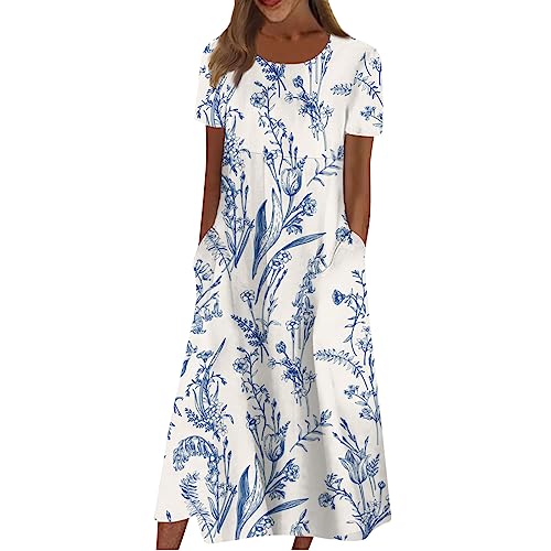 Boho Kleid Damen Blumenkleid Maxikleider Damen Sommer A-Linien Sommerkleider Große Größen Bohemian Damenkleider Hawaii Ibiza-Kleid Maxi Sommerkleid Mit Taschen Kleider Rundhals Kurzarm von FUPODD