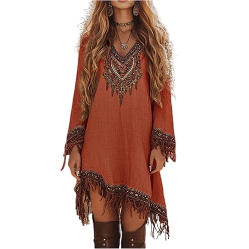 Boho Kleid Damen Kurz Hippie Kleider Langarm Quasten Vintage Sommerkleid Damen Elegant Bohemian Damenkleider Häkel Spitze Frühlingskleid Frauen Asymmetrisch Ibiza Herbstkleid V Ausschnitt von FUPODD