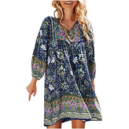 Boho Kleid Damen Kurze Elegant Sommerkleid A Linie Blumen Italienische Kleider Leicht Strandkleid Mit Ärmeln Ibiza Minikleid Hippie Sommerkleider Frauen Luftig Vintage Freizeitkleid Sommer von FUPODD