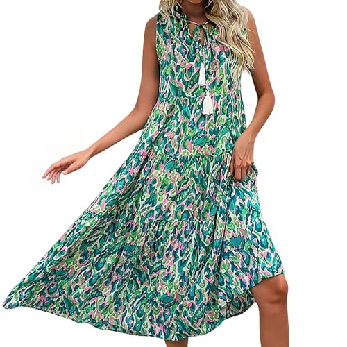Boho Kleid Damen Lang Elegant Sommerkleider Damen Leicht Und Luftig Ibiza Kleider Ärmellos A Linie Sommerkleid Maxi Strandkleid Frauen Rüschen Sommer Kordelausschnitt Maxikleid Bunt Muster von FUPODD