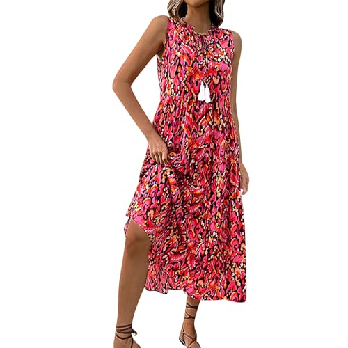 Boho Kleid Damen Lang Elegant Sommerkleider Damen Leicht Und Luftig Ibiza Kleider Ärmellos A Linie Sommerkleid Maxi Strandkleid Frauen Rüschen Sommer Kordelausschnitt Maxikleid Bunt Muster von FUPODD