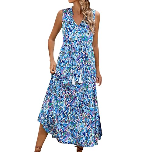 Boho Kleid Damen Lang Elegant Sommerkleider Damen Leicht Und Luftig Ibiza Kleider Ärmellos A Linie Sommerkleid Maxi Strandkleid Frauen Rüschen Sommer Kordelausschnitt Maxikleid Bunt Muster von FUPODD
