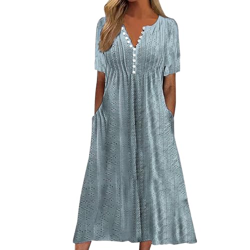 Boho Kleid Damen Lang Mit Taschen Sommerkleid Damen Midi A Linie Ibiza Sommerkleider Leicht Und Luftig Bohemian Midikleid Elegant Kurzarm Kleider Mit Öse Strandkleid V Ausschnitt Mit Knöpfen von FUPODD