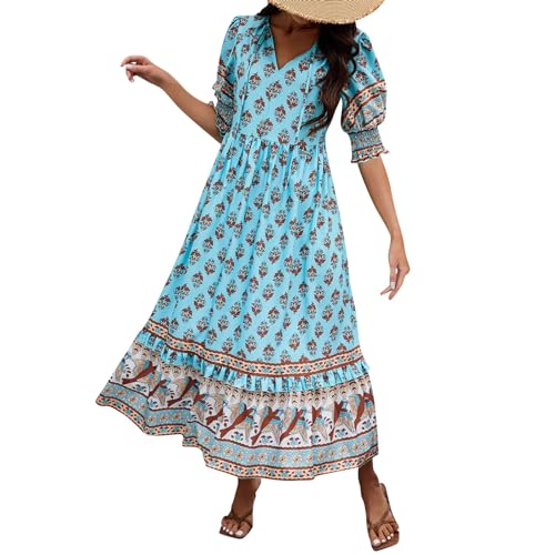 Boho Kleid Damen Sommer Elegant A Linie Sommerkleid Lang Rüschen Italienische Kleider V Ausschnitt Kordelausschnitt Sommerkleider Frauen Leicht Und Luftig Bohemian Strandkleid Maxi Puffärmel von FUPODD