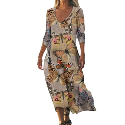 Boho-Kleid Damen Sommer Lang Sommerkleid Damen Elegant Maxi A Linie Geblümt Tunika Kleider Bohemian Lange Sommerkleider Leicht Maxikleid Frauen Mit Ärmeln Strandkleid Luftig Blumenkleid Ibiza von FUPODD