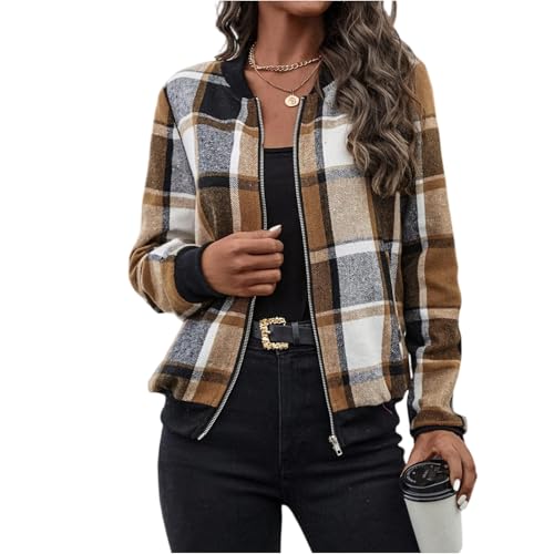Bomberjacke Damen Kariert Übergangsjacke Leicht Damen-Jacken Mit Taschen Blouson College Jacke Casual Herbstjacke Elegant Pilotenjacke Winter Mantel Kurz Fliegerjacke Frauen Reissverschluss von FUPODD