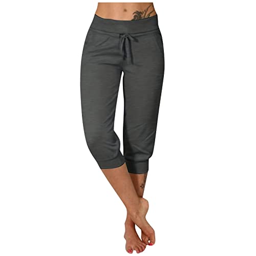Caprihose Damen Mit Seitentaschen Sommerhosen Damen Leicht Luftig Musselin Sporthose Damen Kurz Jogginghose Stoffhose 3/4 Hose Damen Mit Drawstring Gürtel Dreiviertel Hose Damen Lässige Yogahose von FUPODD